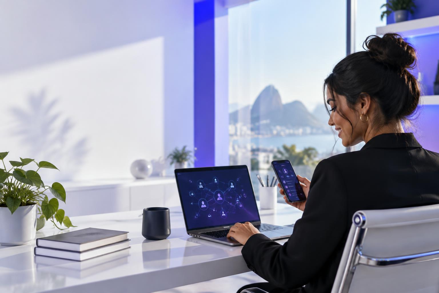 Empreendedora organizando sua operação digital pelo notebook e celular